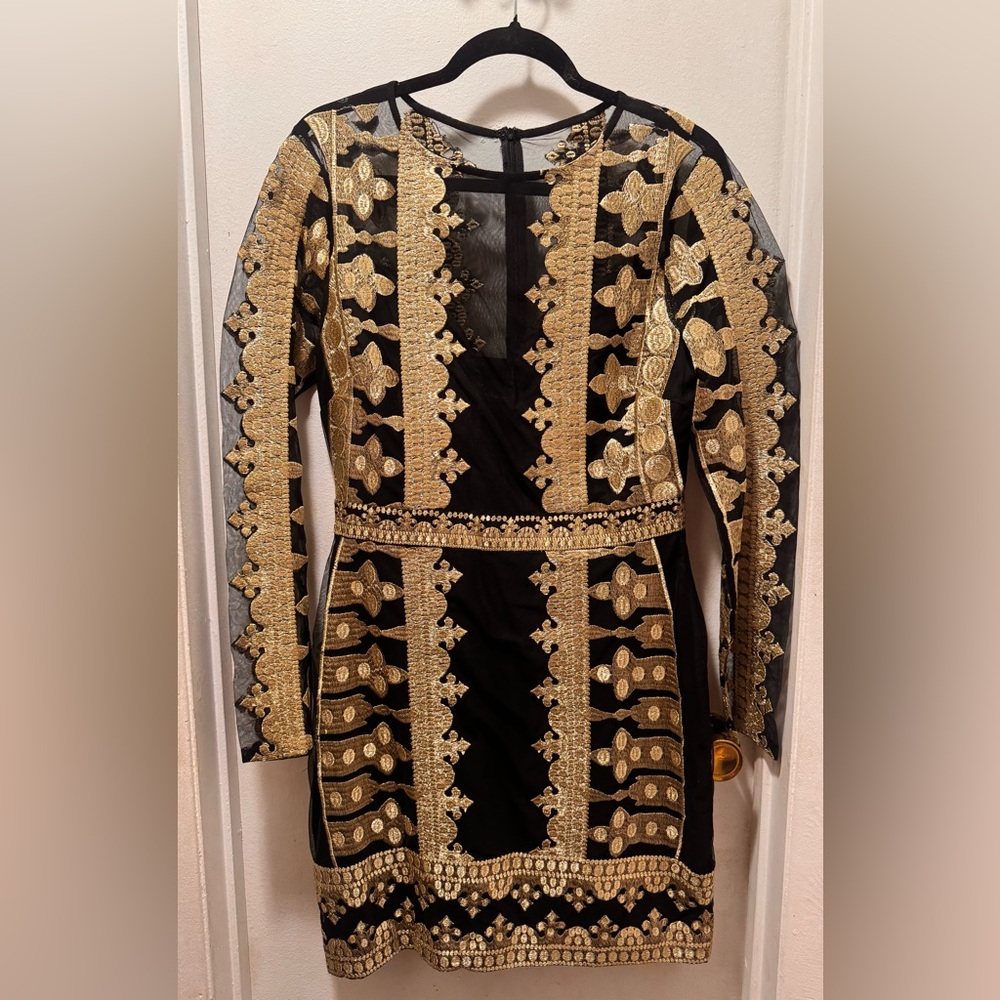 Nicole Miller Crown Embroidered Long Sleeve Dress